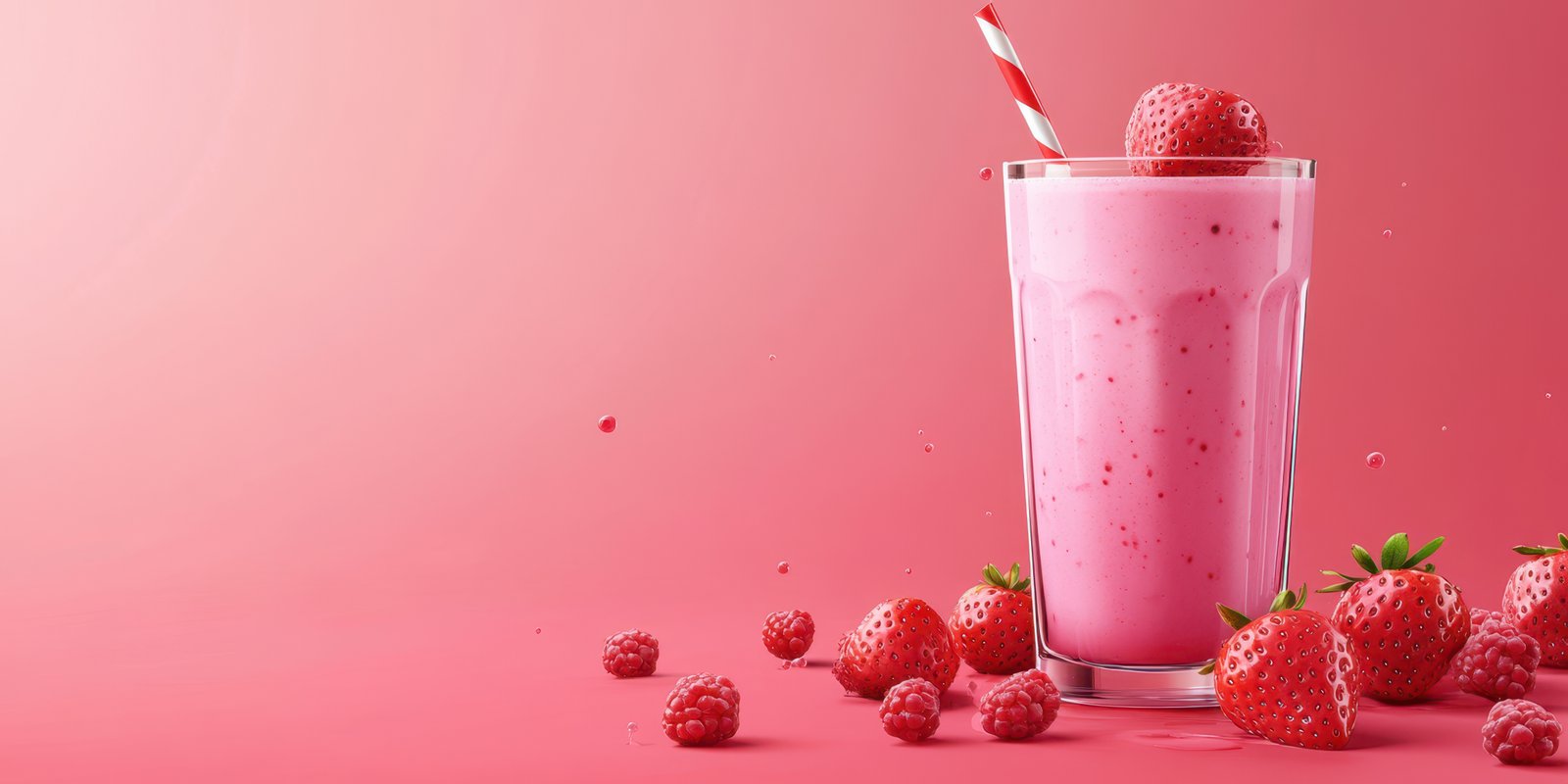 Fresh raspberry and strawberry smoothie in a glass with a striped straw on a pink background